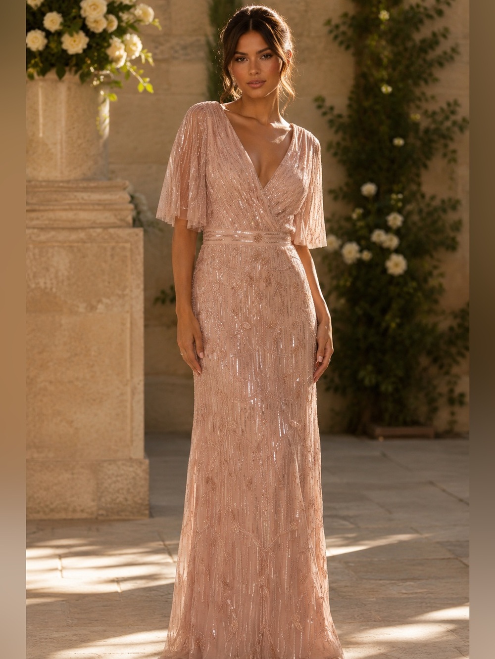 NWT Mac Duggal Blush Embellished 9064 Flutter Cape Sleeve Gown Size 10